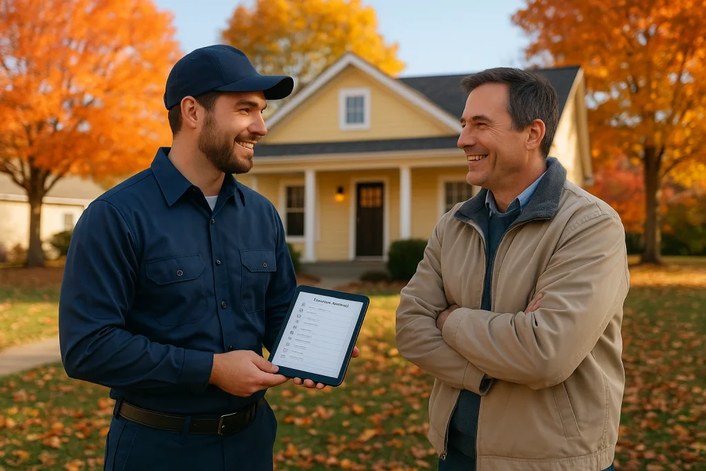 HVAC technician performing fall maintenance with homeowner outside Conway home