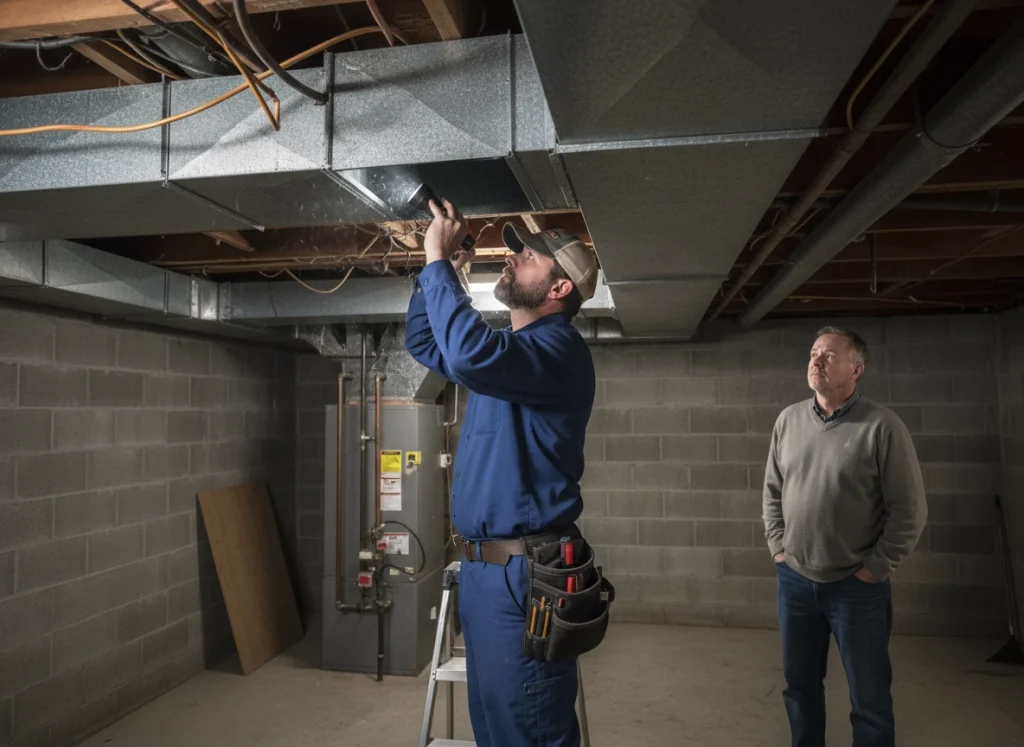 Technician checking ducts while homeowner deals with hot and cold spots.