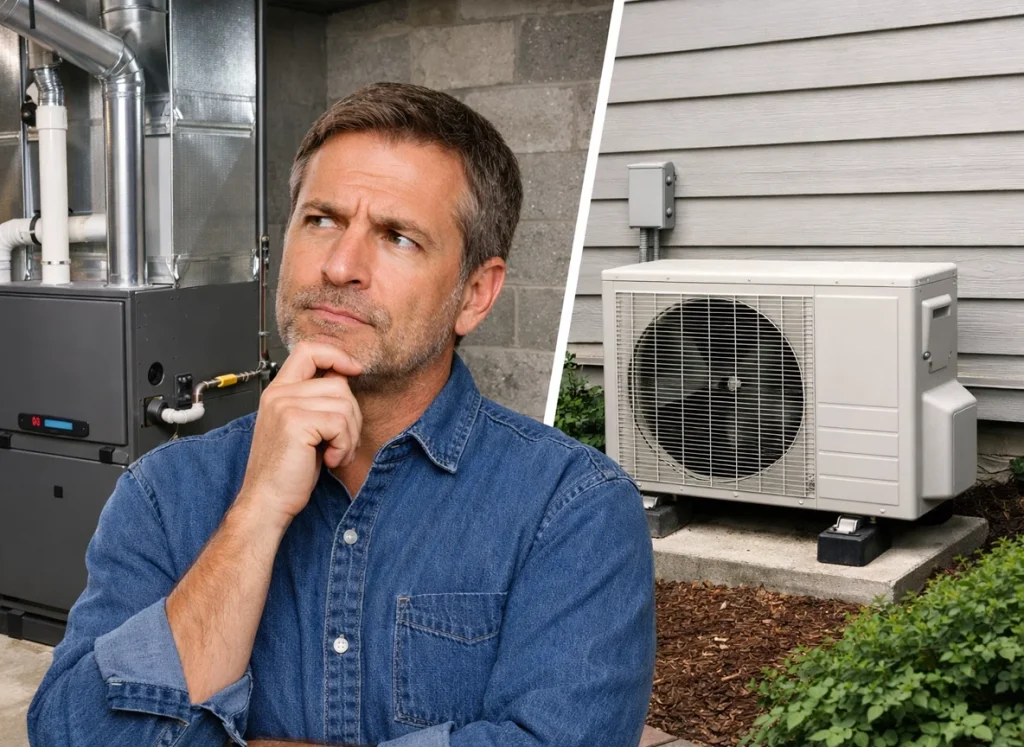 A homeowner pondering a new furnace or a heat pump.