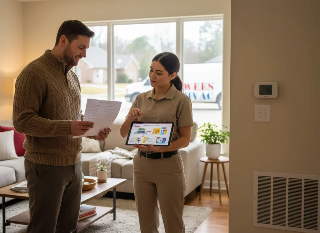 Homeowner and HVAC technician discussing maintenance checklist in Conway winter living room