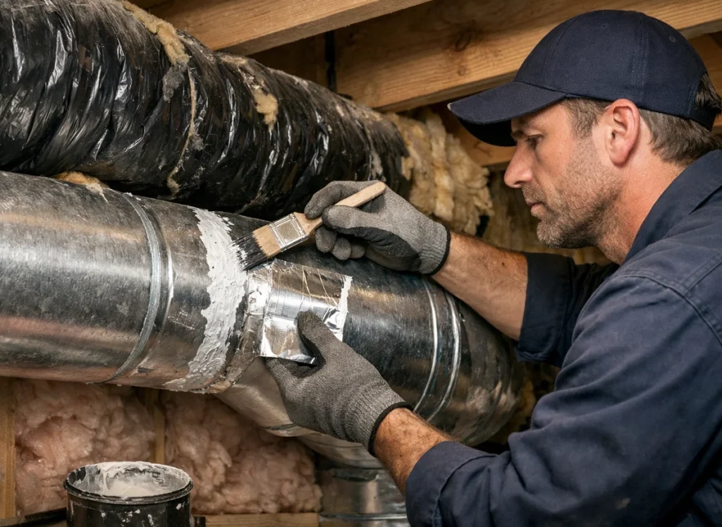 HVAC technician sealing leaking ductwork in attic to fix hot and cold rooms