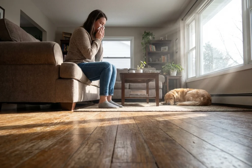 A woman having an allergy attack in her modern home.