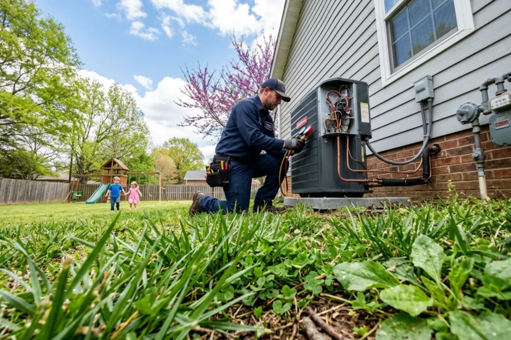 An HVAC tech working on a heat pump.