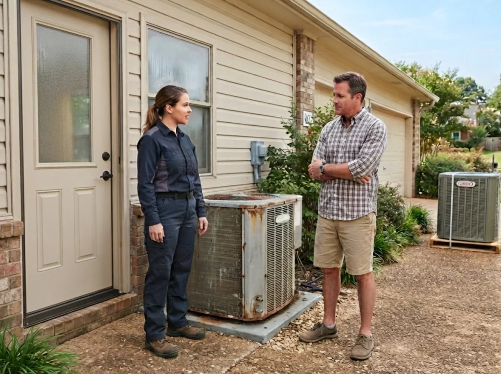 Conway homeowner discussing AC repair versus replacement