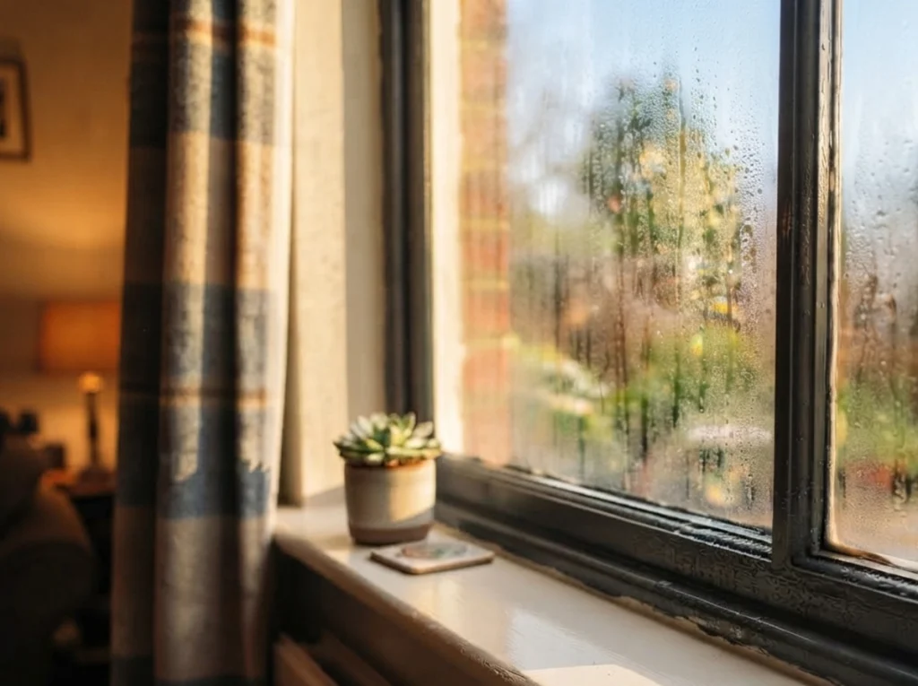 Condensation buildup on the windows from high humidity in the house.