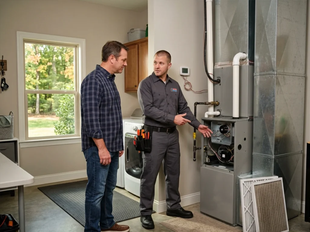 Conway homeowner discussing September furnace maintenance with HVAC technician